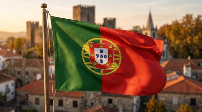 Portugal flag waving on a pole with an ancient stone castle and red tiled rooftops in the background