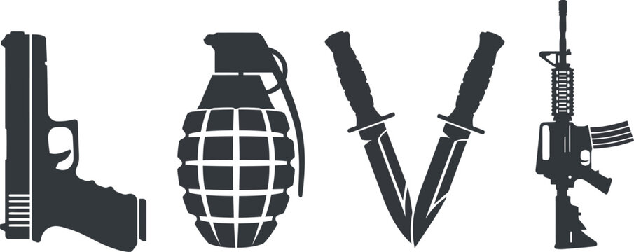 Military weapon silhouettes forming love word, tactical gun and grenade icons, black weapon art for apparel and posters