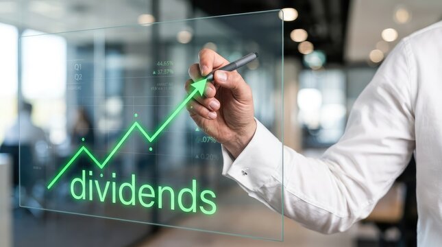Professional drawing upward trend graph with dividends in modern office environment with Hand draws rising graph labeled dividends transparent screen office