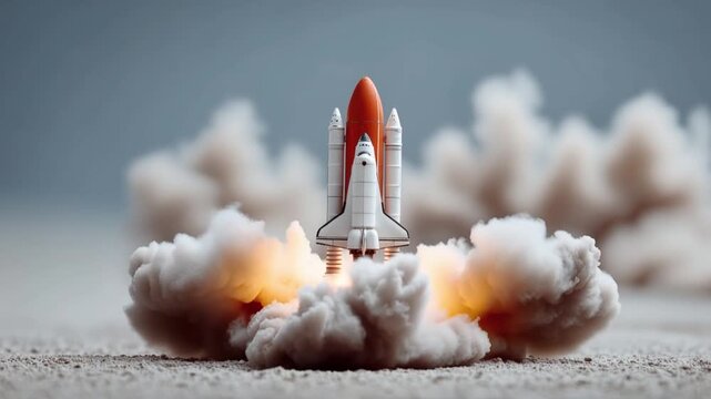A majestic space shuttle embarks on its celestial journey, ascending amidst a spectacular eruption of fire and smoke. ..Created with Generative AI, not depicting real subjects.