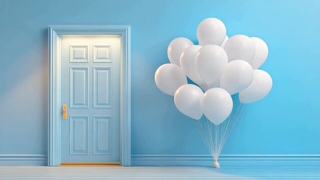 A closed, light blue door stands next to a bunch of white balloons. ..Created with Generative AI, not depicting real subjects.