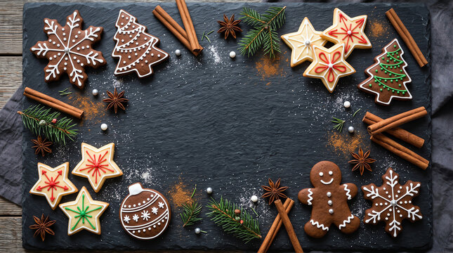 Festive christmas background with gingerbread cookies cinnamon sticks and holiday decorations on a dark slate board