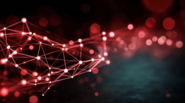 Glowing abstract network of red nodes and lines, symbolizing connection, data, and technological advancement. ..Created with Generative AI, not depicting real subjects.