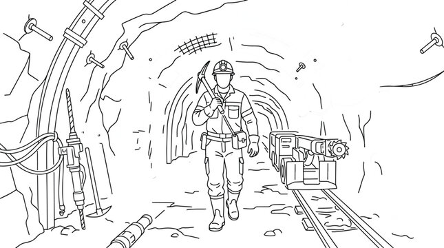 Mining and oil field worker walking through underground tunnel with heavy equipment and tools