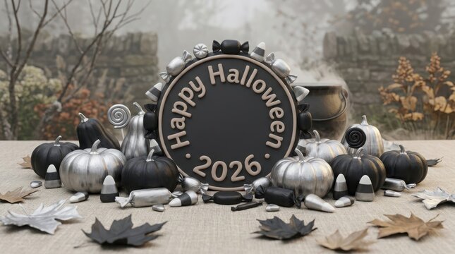 Minimalist monochrome happy halloween 2026 circular badge featuring silver pumpkins candy corn and cauldron party decor.