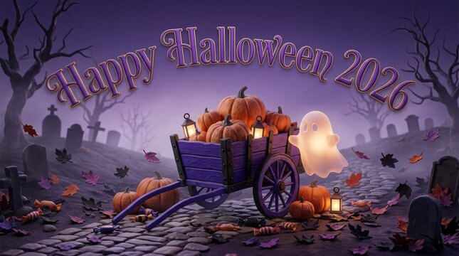 Spooky halloween celebration banner with purple glowing ghost pulling wooden cart of pumpkins through dark misty cemetery.