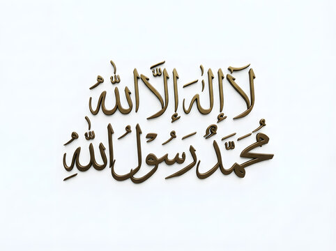Islamic calligraphy of Shahada phrase in gold 3D lettering on a clean white background