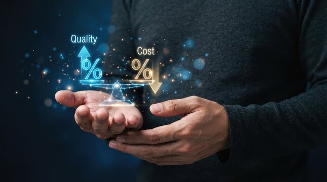 Hands balancing increasing quality and decreasing cost with digital visuals with Hands illustrate balance between improving quality reducing cost using floating percentage symbols