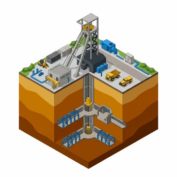Industrial mining excavation with conveyor belt and machinery.