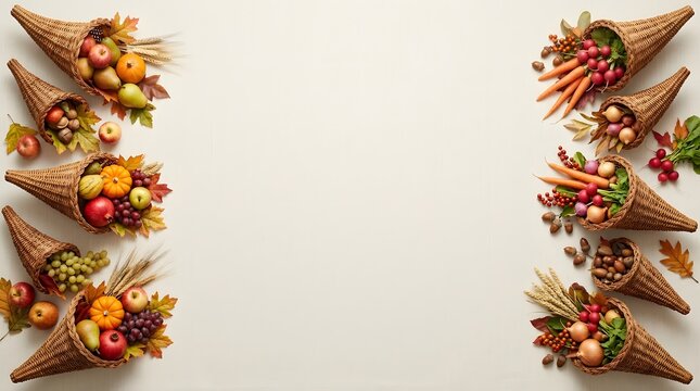 Flat lay composition of woven cornucopias filled with autumn produce, vegetables, nuts, and wheat stalks on a light background with center copy space for Thanksgiving food concept.