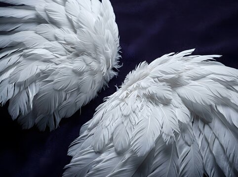 White feathered angel wings on dark navy fabric background