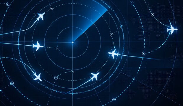 Digital air traffic control radar screen display with airplanes flight paths