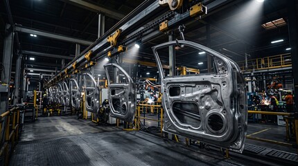 Fototapeta premium Automated conveyor system moving metal car doors on production line in automotive plant. Vehicle assembly workshop and machinery supporting transportation logistics for service industry.