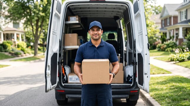 Delivery driver holding cardboard box in front of open cargo van on suburban street. Male courier distributing parcel in service industry logistics on sunny day.