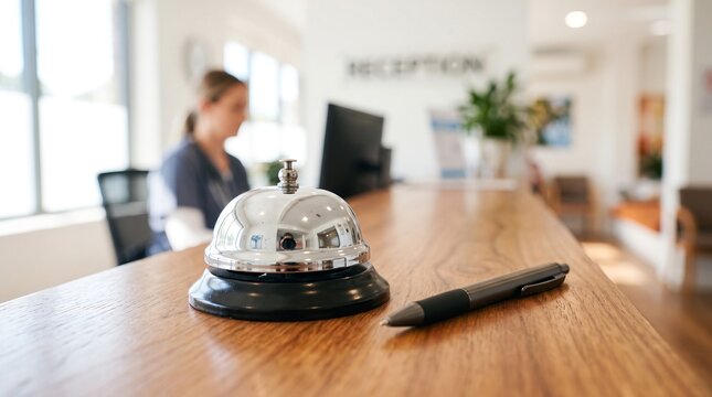Service bell and pen resting on wooden counter in modern reception area. Blurred female receptionist working at computer desk in professional service industry office.