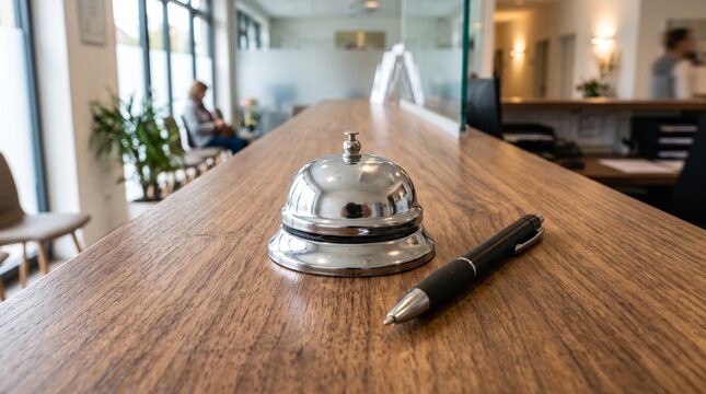 Silver service bell on wooden reception desk counter with pen, representing service industry standards, hotel guest assistance and clinic check in reception.