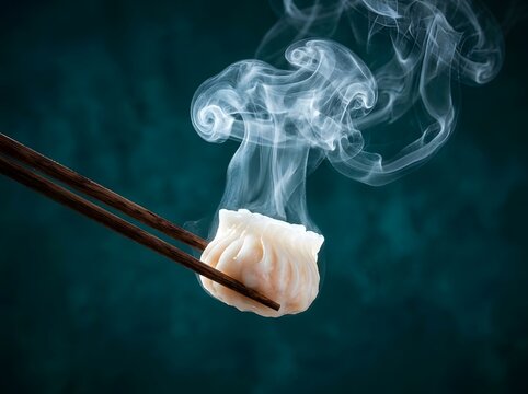 Hot steamed dumpling held by chopsticks with rising steam