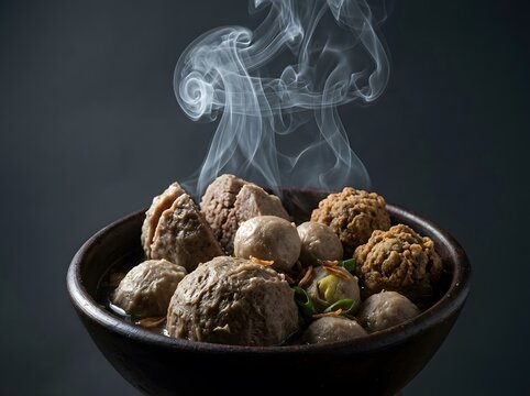 Hot steaming bakso meatballs in a ceramic bowl over dark background