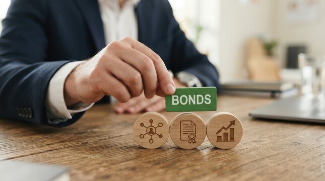 Professional placing bond block among financial icons on wooden table in office setting with representing network document three wooden circular