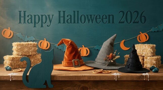 Hanging paper halloween garland featuring pumpkins and bats above witch hats and hay on rustic wooden mantle decoration.