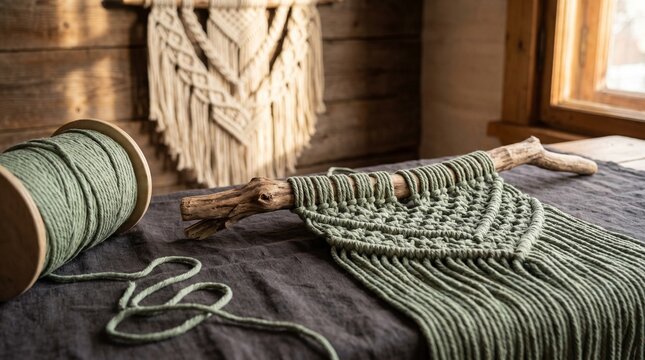 Ultra-realistic close-up of a handmade macram&eacute; crafting workspace, sage green cotton cord carefully looped and knotted around a natural wooden branch, creating the early stages of a decorative macram&eacute;