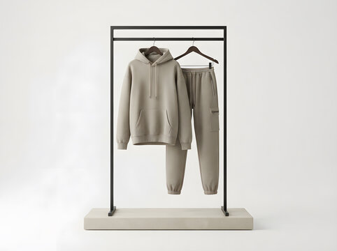 Beige hoodie and sweatpants set on a clothing rack for modern fashion retail display