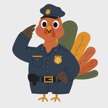 Cute Turkey Police Officer Saluting Vector Thanksgiving Cartoon Character Cop Uniform Badge Clipart