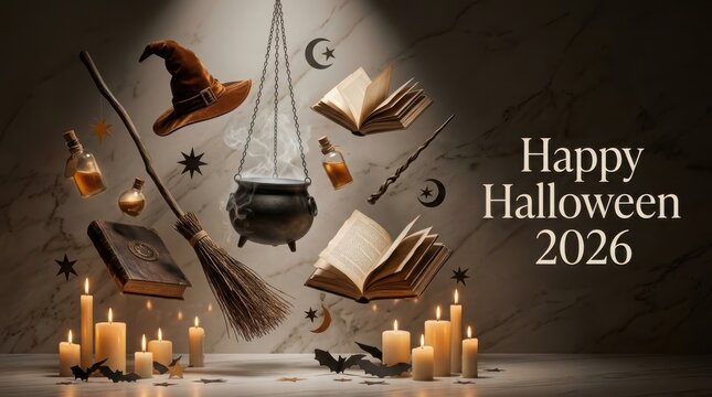 Witchcraft background with levitating spell books cauldron and broom on marble background for Halloween greeting card.