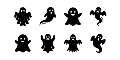 Obraz premium Collection of eight black ghost silhouettes with various facial expressions isolated on white background. Ideal for Halloween and spooky graphic design.