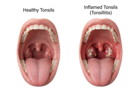 Comparison of healthy tonsils and inflamed tonsillitis in an open human mouth