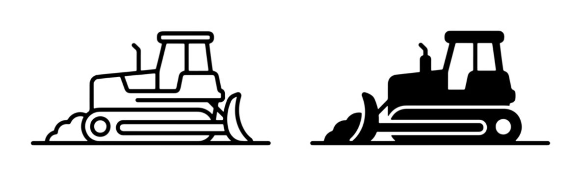 Bulldozer Icons: Line Art and Silhouette, Construction Equipment Vector Graphics for Industry and Engineering