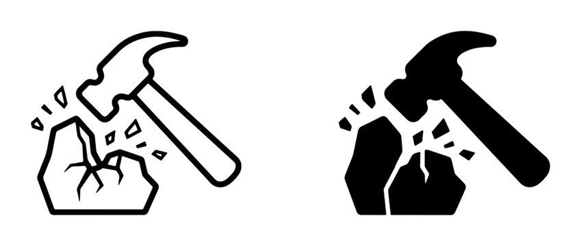 Hammer Breaking Rock Icon, Stone Shattering Symbol, Construction and Demolition Graphic, Impact and Force Vector Art