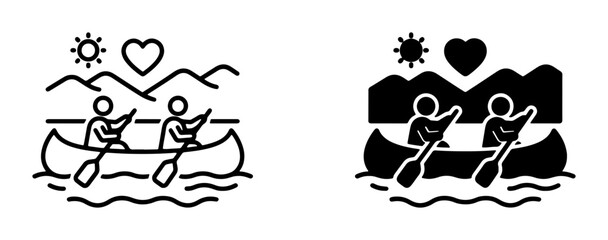 Fototapeta premium Canoeing Couple Icons, Romantic Outdoor Activity, Love and Adventure Vector Graphics, Two People Rowing Boat