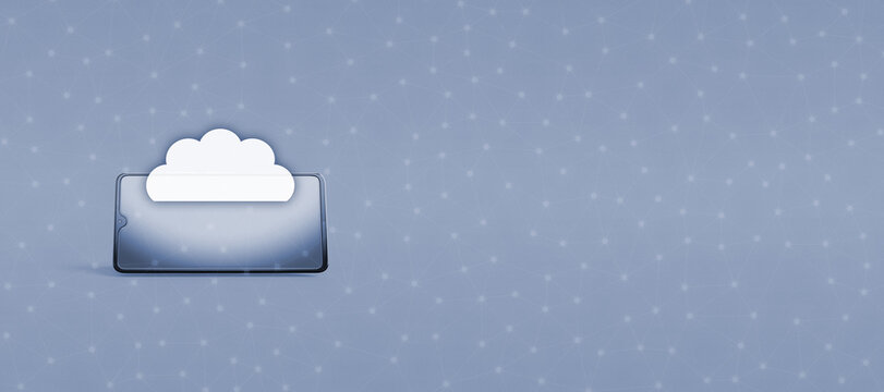 Cloud storage on smartphone with copy space for digital data backup, mobile computing technology, network connectivity and wireless communication concept. Assembled with modern device.