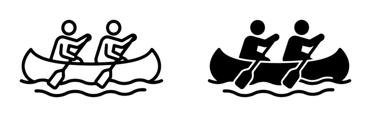 Canoe Paddling Icons: Two People Rowing in Water, Outline and Solid Styles, Vector Graphics for Outdoor Adventure and Recreation Themes © Sagor