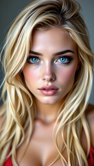 Naklejka premium A woman with striking blue eyes and long blonde hair. She is seen posing for a portrait with her gaze directed off to the side