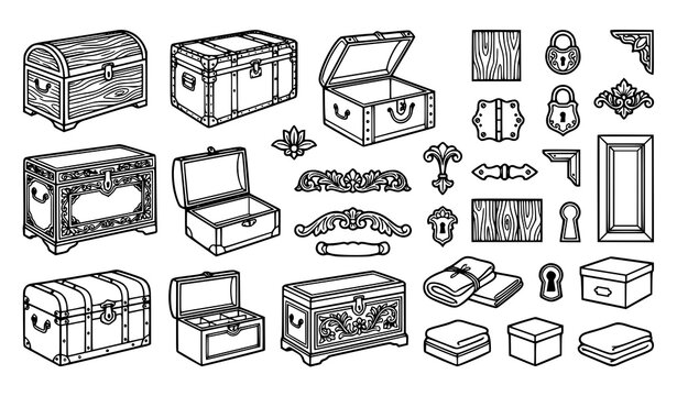 Hand Drawn Vintage Treasure Chest Vector Icon Set Featuring Wooden Trunks Padlocks Hinges And Antique Hardware Elements In Black Outline Doodle Style