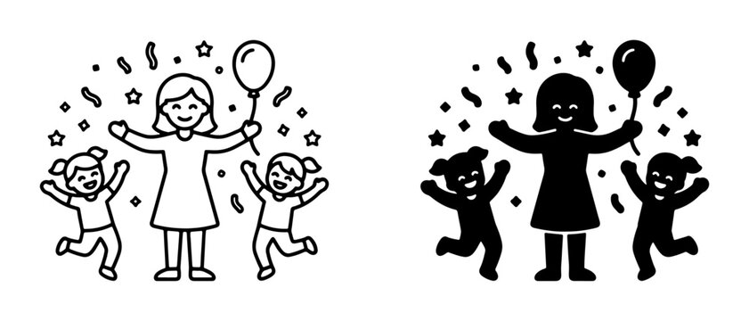 Celebration Icons: Joyful Family Party, Kids and Adult with Balloon and Confetti, Vector Graphics for Events