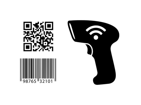 Barcode scanner vector icon set, wireless QR code reader silhouette, digital scanning technology for retail and logistics