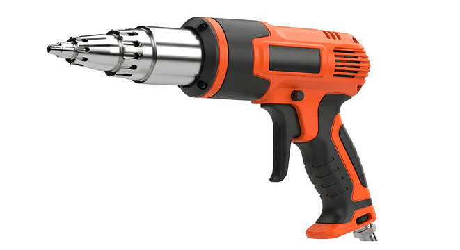 Orange cordless nail gun in hand