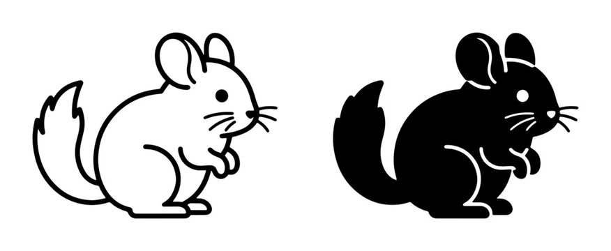 Chinchilla Vector Icons, Cute Rodent Silhouette and Outline, Adorable Pet Graphics for Animal Lovers, Cartoon Style
