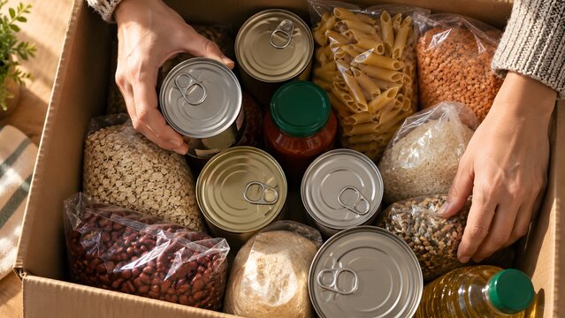 Hands Packing Donation Box with Canned Food Pasta Rice Beans and Pantry Staples Concept of Food Bank Charity Community Support Hunger Relief Emergency Aid Volunteering and Helping Families