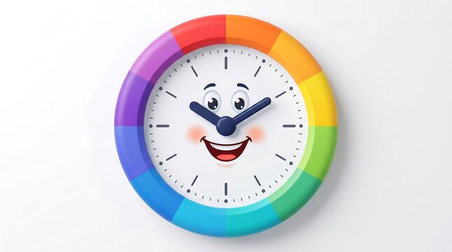Happy cartoon clock with colorful rainbow border and smiling face
