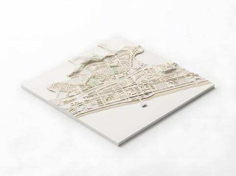 3D topographic map model of a coastal town on a white square base