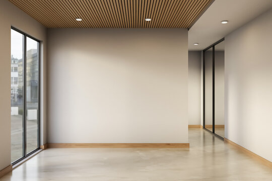 Contemporary empty room interior with wooden ceiling and glass door over marble floor hallway