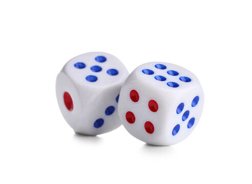 Dices with red and blue pips on white background