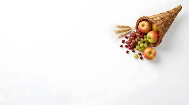 Woven wicker cornucopia horn of plenty overflowing with fresh apples, red and green grapes, cranberries, and wheat ears on a white background with copy space.