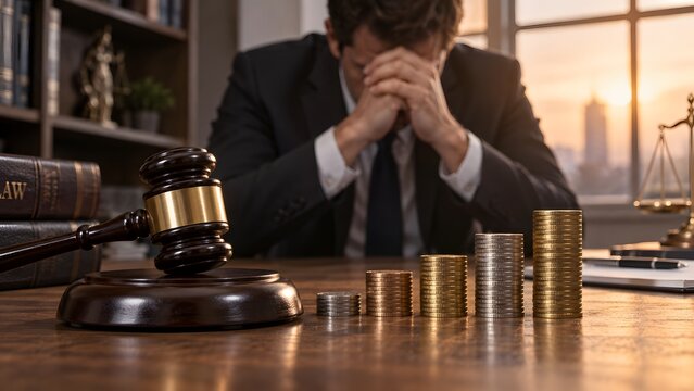 Stressed Businessman Sitting Behind Judge Gavel and Stacked Coins Concept of Financial Crisis Legal Trouble Debt Bankruptcy Business Loss Economic Pressure Lawsuit and Money Management