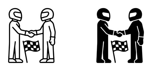 Obraz premium Racing icons, two drivers shaking hands with checkered flag, representing partnership, agreement, and victory in motorsport competitions.
