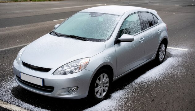 Silver hatchback parked on asphalt covered in light winter snow and frost